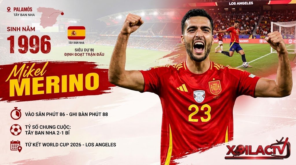 Hình ảnh tiền vệ Mikel Merino ăn mừng cảm xúc sau khi ghi bàn phút 88, ấn định chiến thắng Tây Ban Nha 2-1 Bỉ tại Tứ kết World Cup 2026 trên Xoilac TV.